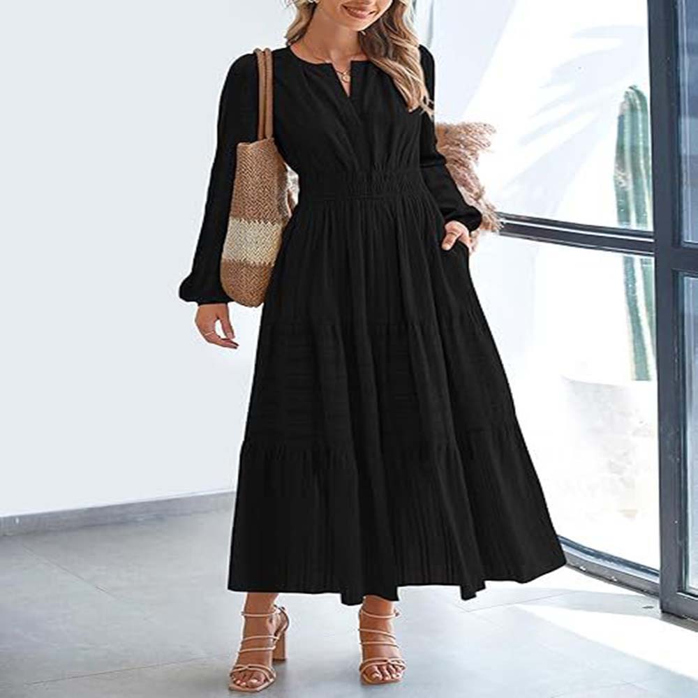 Women's Spring Summer Elegant V-Neck Ruched Waist Flared Long Sleeve Maxi Dress Fashion Casual Party Dress