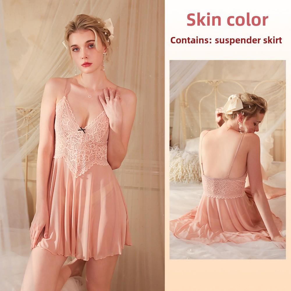

Sexy Light Luxury Mesh Deep V Lace Pajamas Suspender Skirt Loungewear Nightdress Set L