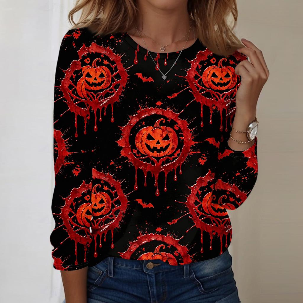 Women's Casual Long Sleeve Pullover Sweatshirt Halloween Print Crew Neck Top Loose Fit Lightweight Comfortable Fabric