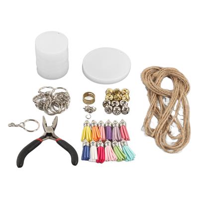 75 Stück Schlüsselanhänger Rohlinge Quasten Set Doppelseitige Sublimationsdruck Acryl Rohlinge Quasten Schlüsselringe Zange Glocke Bindfaden DIY Set