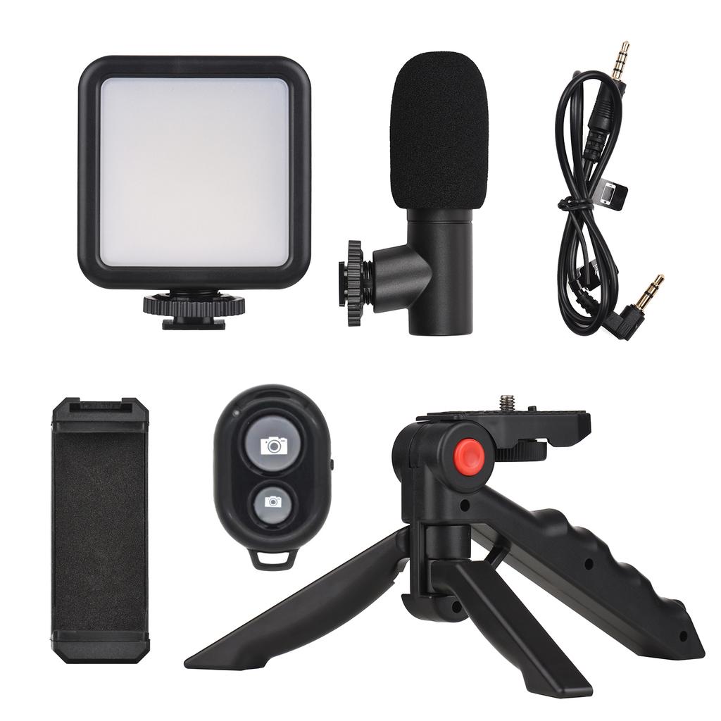 Smartphone Vlog Kit   LED Video Light + Cardioid Microphone + Extendable Phone Clip + Tripod with   Brightness for Live Strm Vlog Video Sh