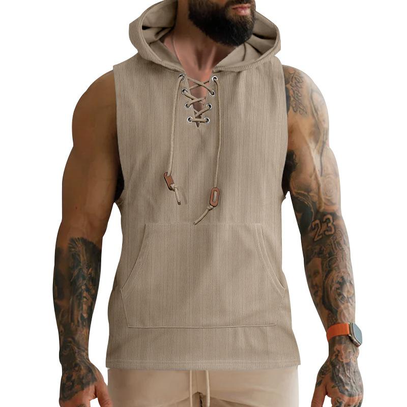 Summer Thin Casual Hooded Pure Color Lace-up Sleeveless Men's Tank Tops