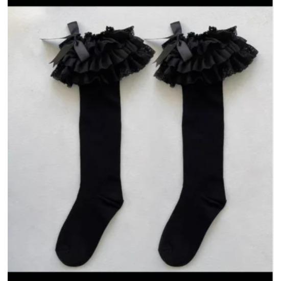 

Харадзюку Женские Девушки Сладкая Лолита Черные Белые Гольфы до Колена Бантик Оборки Кружевная Отделка Японские Студенческие Ботинки Чулки