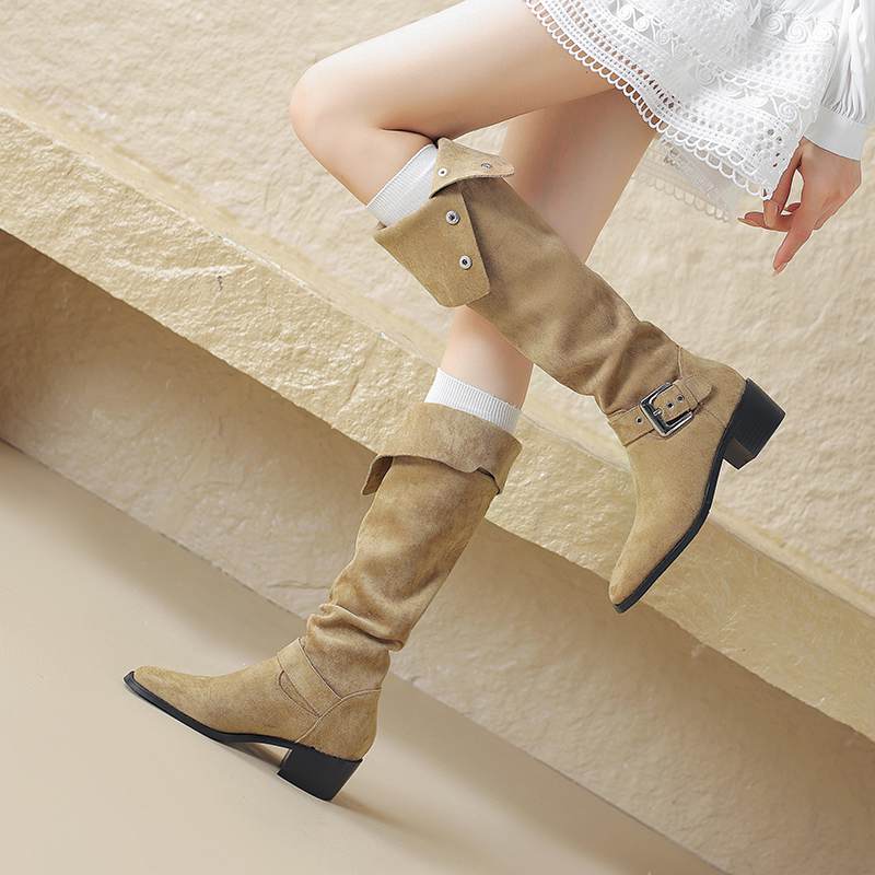 Krazing Pot Zapatos de Microfibra con Pelo Otoño Invierno Tacón Medio Grueso Botas de Montar Remaches Punta Cuadrada Mantener Caliente Botas Altas hasta la Rodilla