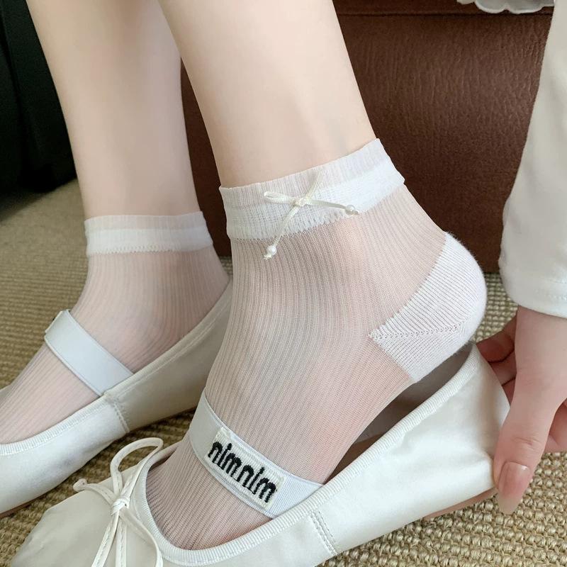 Thin Boneless Short Stockings Sweat-Absorbing Cotton Bottom Breathable Mesh Mid-Tube Socks Ice Silk Short Socks White Bow Jk Socks