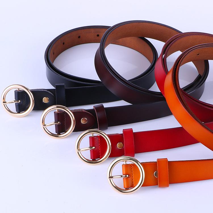 Round Buckle Women'S Cowhide Leather Belt Women'S Round Head Pin Buckle Decorative Thin Belt Belt Belt