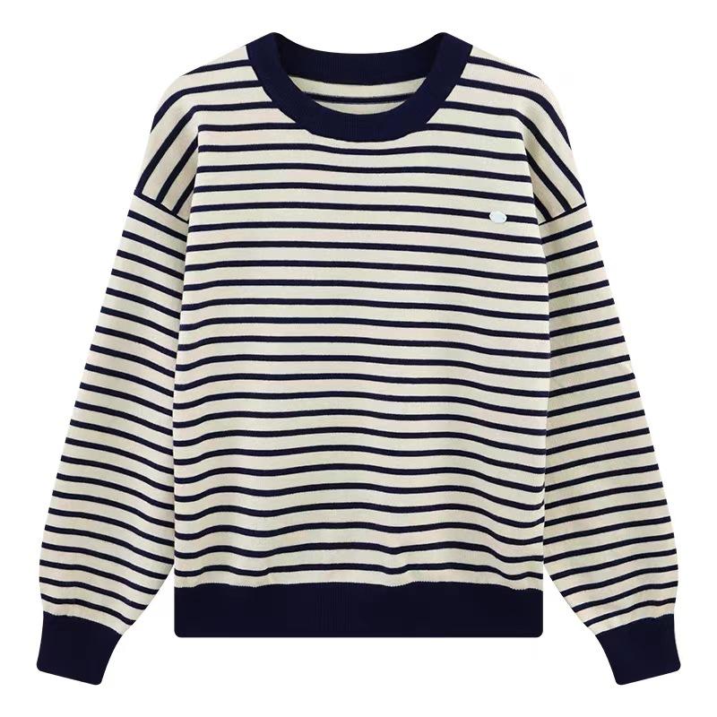 Vintage Streifen Rundhals Pullover Damen Basisschicht Herbst Winter Dick Locker Lässiger Stil Langarm Strickoberteil