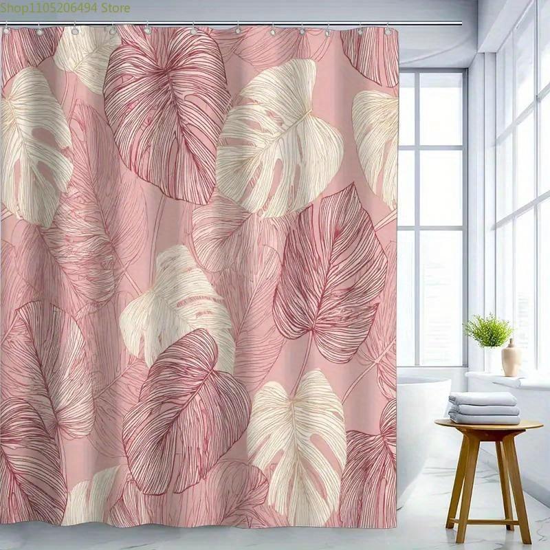 1pc Tropical Plant Bathroom Shower Curtain, Pink Art, Spring Shower Curtain with 12 Hooks, 180*180cm Bathroom Window Curtain H