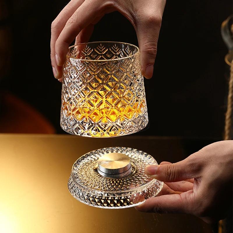 2026 New Whiskey Glasses Rotating Whisky Glass with Glass Base 360 Rotate Degrees Crystal Rum Glass for Cocktail Party Drinking