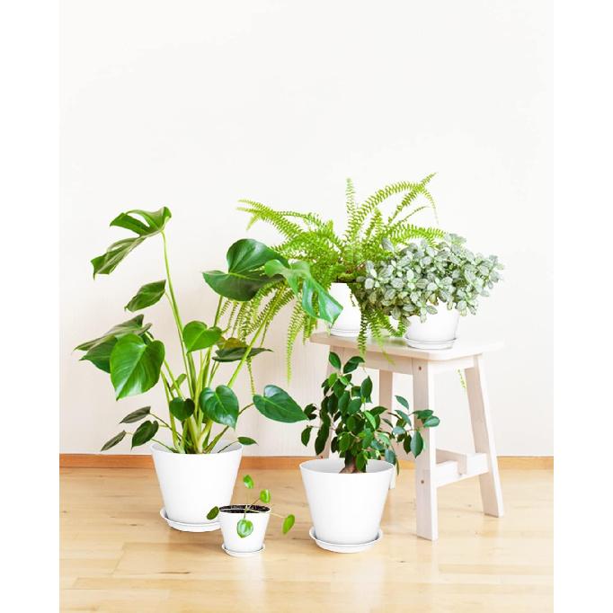 LaDoVita 7 Pack Plastic Plant Pots Indoor, 7/6.5/6/5.5/5/4.5/4 Inch Modern Planters for Plants, Flower Pots with Drainage Holes and Trays, White
