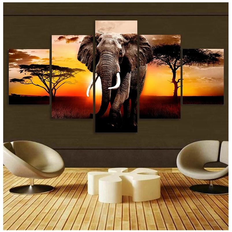 5 Paneler Elefantaffischer Canvasmålning Modern Heminredning Solnedgång Afrikanska Djurtryck Väggkonst Bilder Vardagsrum Utan Ram