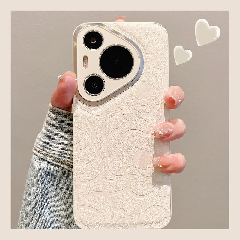 

Applicable To Huawei Pura70 Ultra Camellia Leather Pattern Mobile Case Magic6 All-inclusive Protective Case Metal Lens Honor-X50 хакі