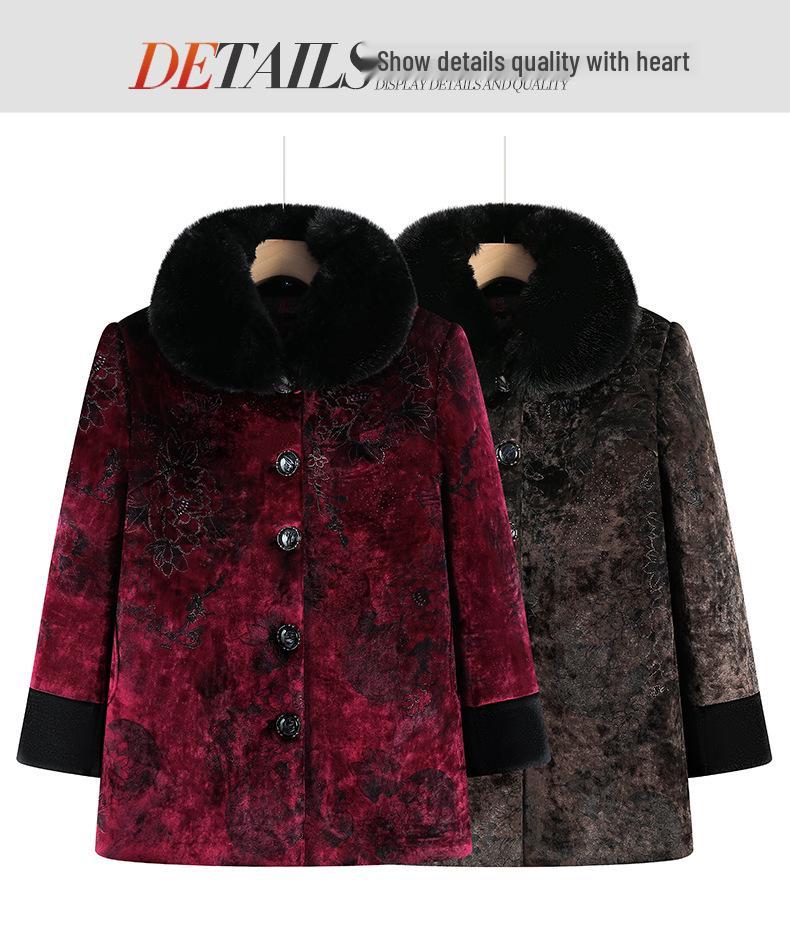 Mom's Winter 2025 Gold Velvet Fur Collar Jacket - Plus Velvet Thickened Cotton Top for Middle-Aged & Elderly Women.