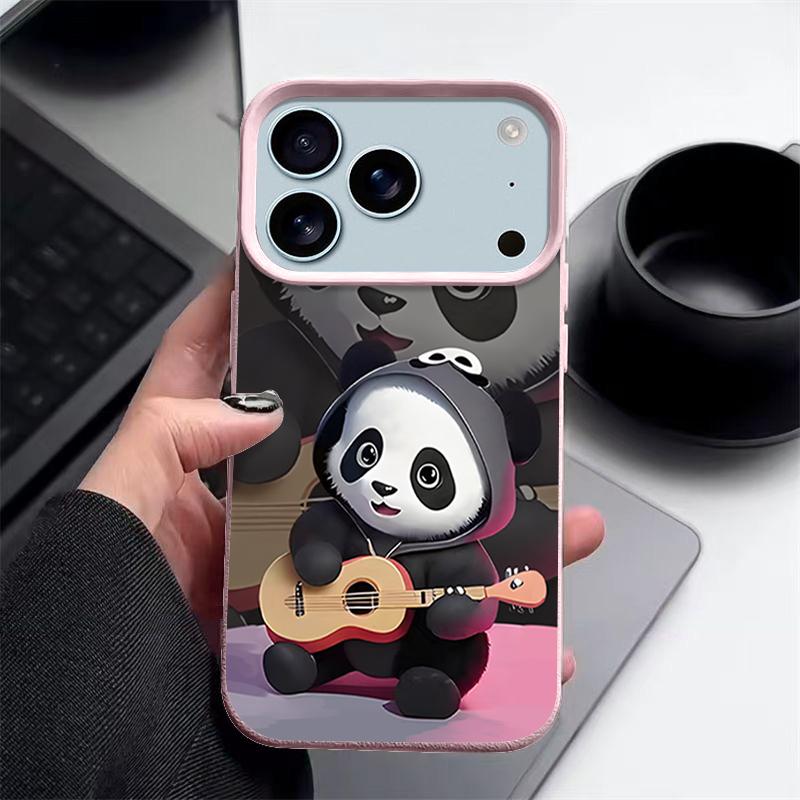 Guitar-playing Panda Pattern Case For iPhone 17 Pro Max Funda iPhone 16 Pro Max 15 14 13 12 11 Air 16E Leather Texture Silicone Cover