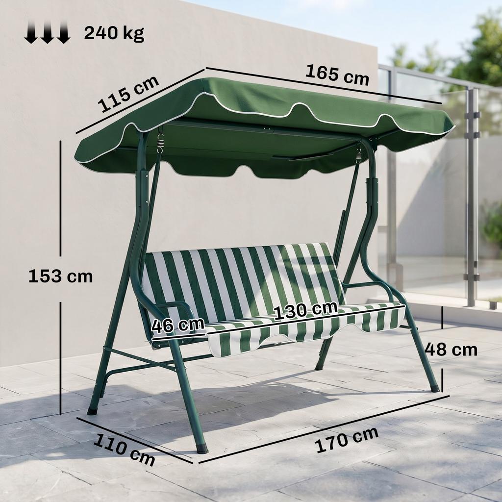 3 Seater Garden Swing Seat Chair Outdoor Bench with Adjustable Canopy and Metal Frame, Green Stripes