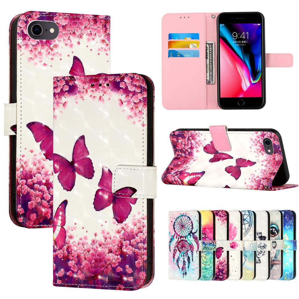 Cute Painted Leather Flip Phone Case on For iPhone 16E 16 Pro Max Plus SE4 SE3 SE Wallet Stand Book Cover With Card Holder Strap