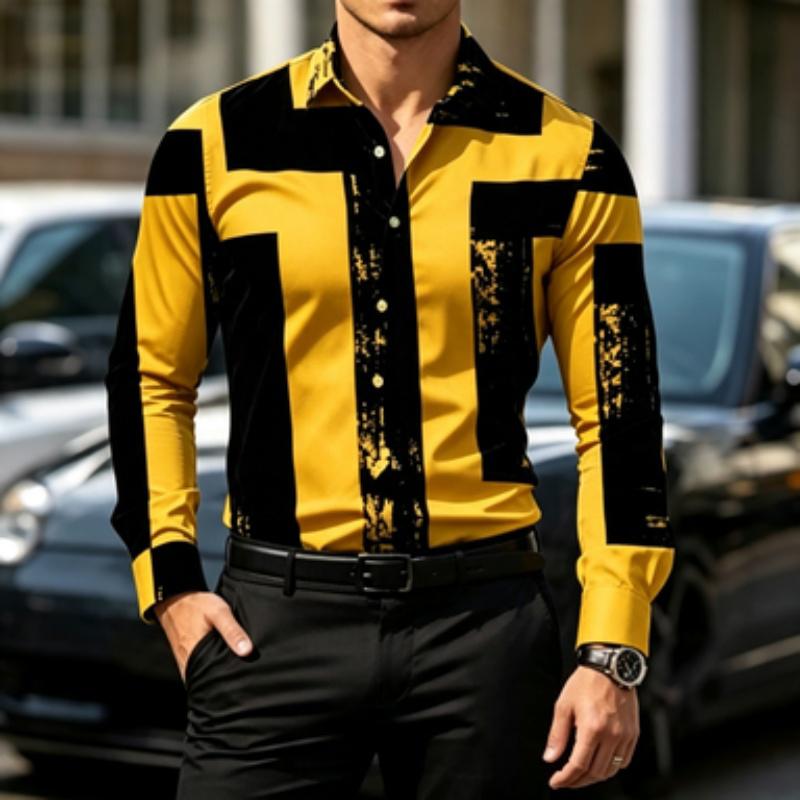 Men's Shirt Color Block Lapel Long Sleeved Shirt Abstract Geometric Print Slim Fit Shirt Light Business Daily Casual