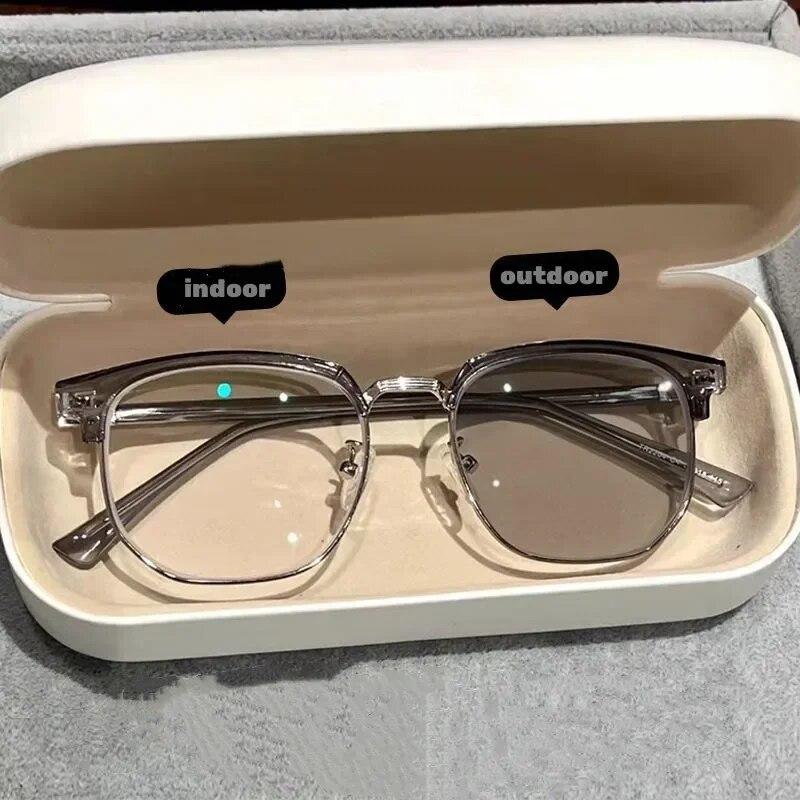 Photochromic Half Frame Myopic Glasses Outdoor Color Changing Near Sight Eyeglasses Anti-Blue Light Short Sight Eyewear