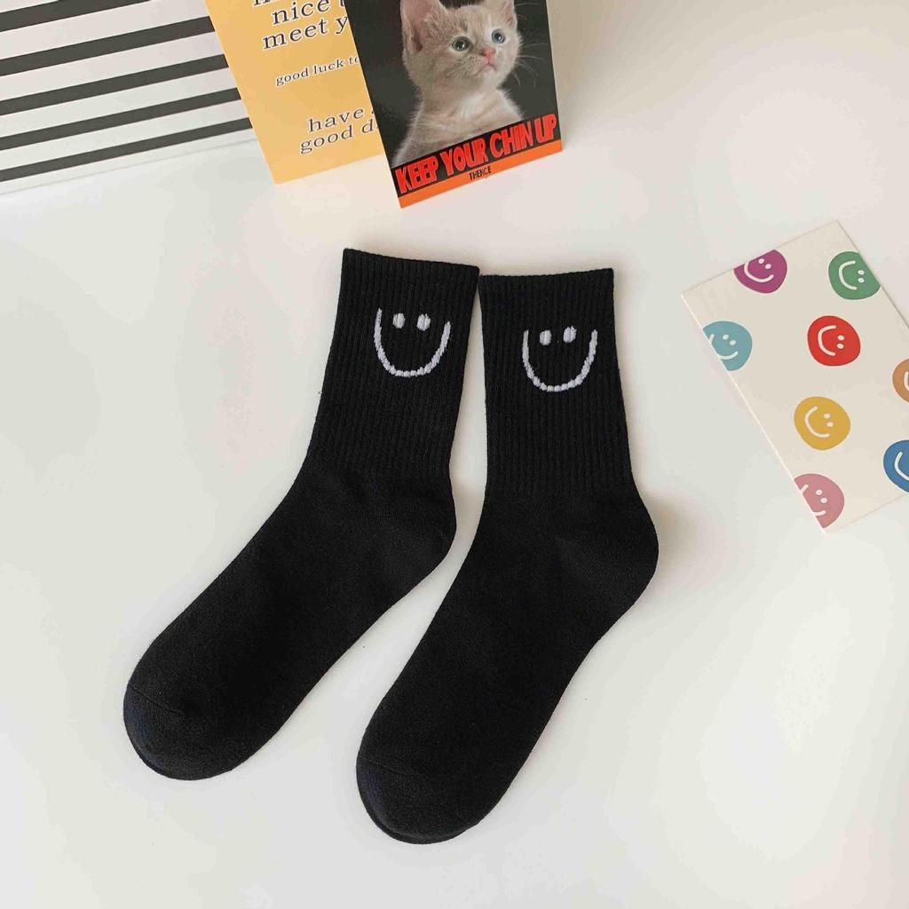 Korean Smiley Face Women's Mid-Calf Socks, Cute Japanese Style, Internet Trend, Pure Cotton for Spring, Autumn, Winter