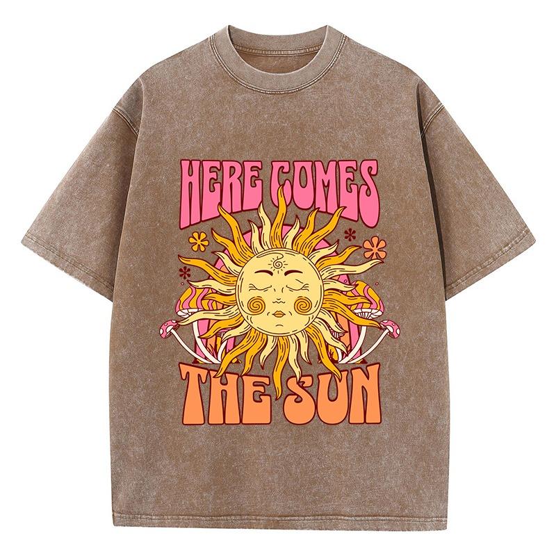 Dámské oversized prané bavlněné tričko s potiskem Here Comes The Sun Ležérní topy s kulatým výstřihem a krátkým rukávem Volné dámské oblečení