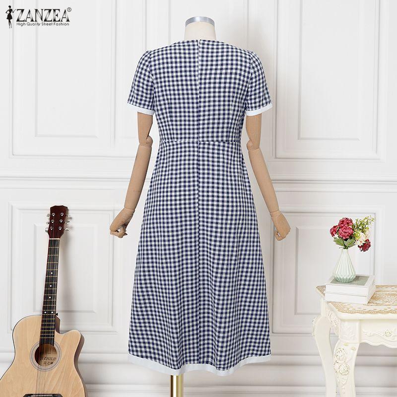 ZANZEA Women Plaid Print Casual Round Neck Short Sleeve Dress