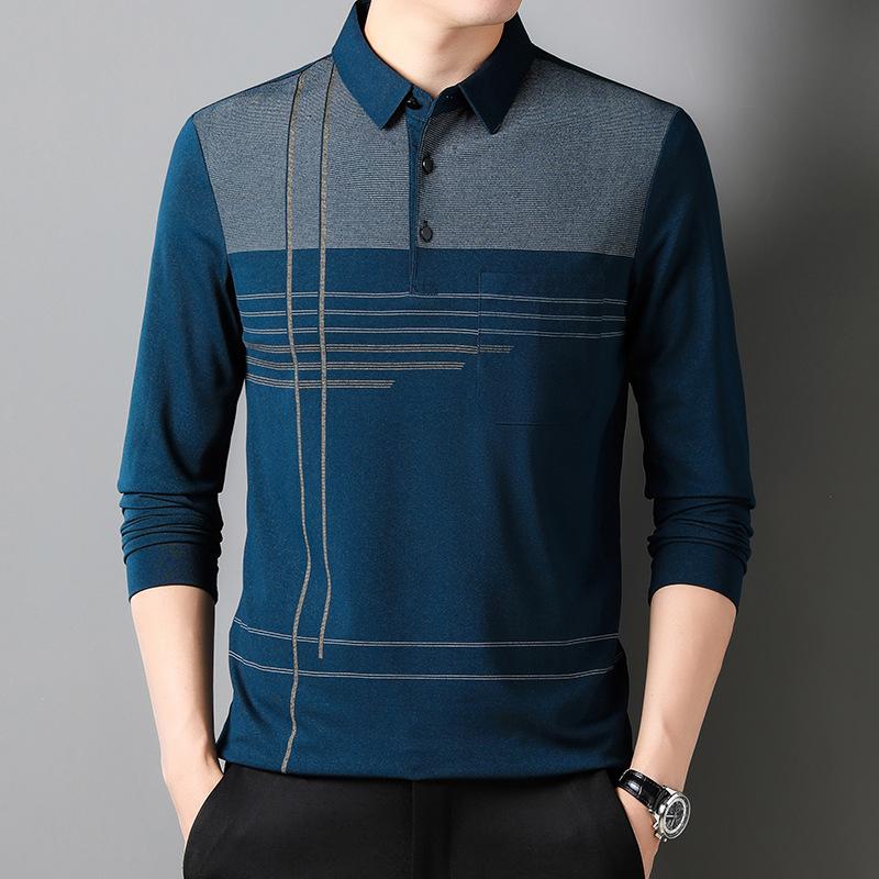 Men'S Long-Sleeved Polo Shirt Men'S Striped Lapel Collar T-Shirt Medium Casual Belt Pocket Top
