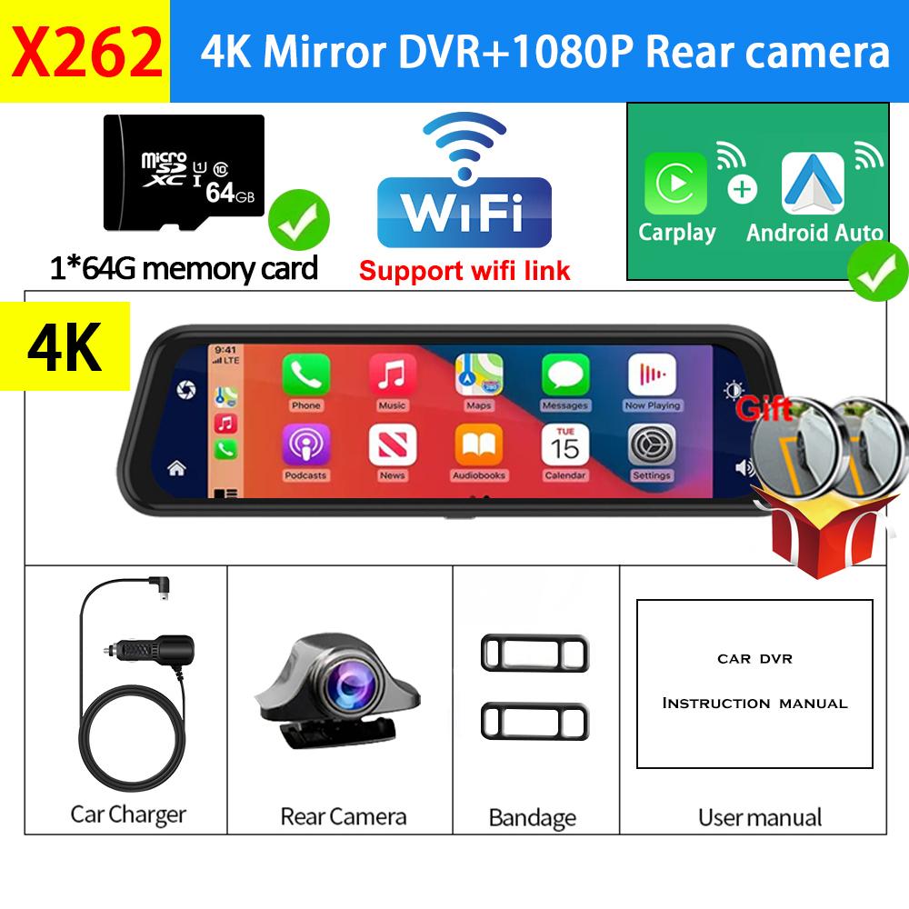 Dash Cam 4K 3840*2160P Car DVR  Carplay Android Auto WIFI BT FM AUX 10 Inch Drive Recorder Dashcam Camera Stream RearView Mirror