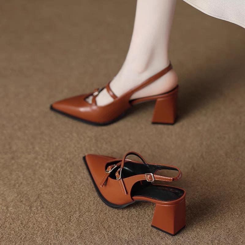 Fashion Four Season Patent Leather Double Buckle Mary Jane High Heels for Women Xia Jue Baotou Block Heel with Skirt Sandals