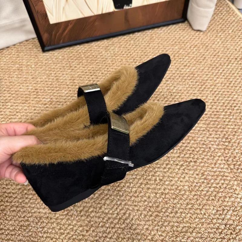 Leopard Print Mary Jane Single Shoes Autumn and Winter New Pointed Small Inner Height Increase Plush Shoes