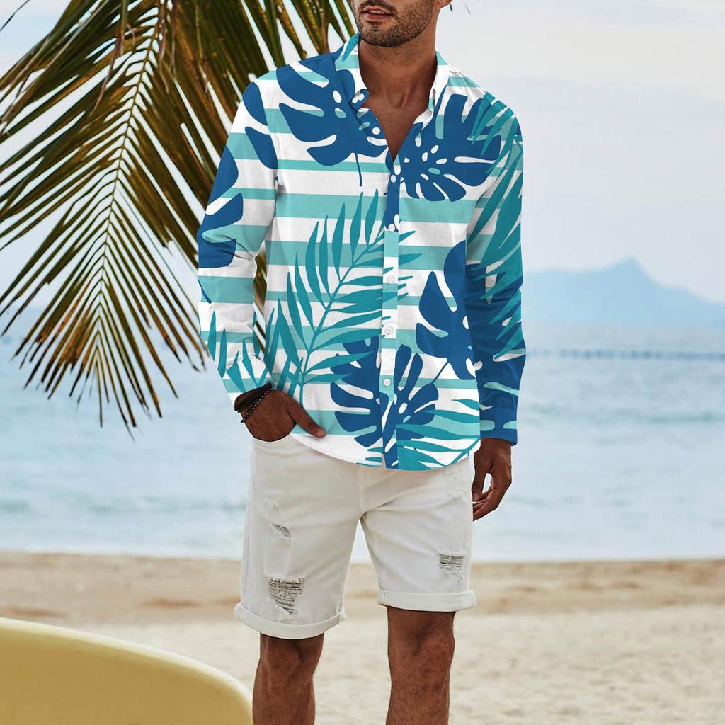 Men's Fashion Long Sleeve Printed Casual T Shirt Button Regular Fit Shirt Top