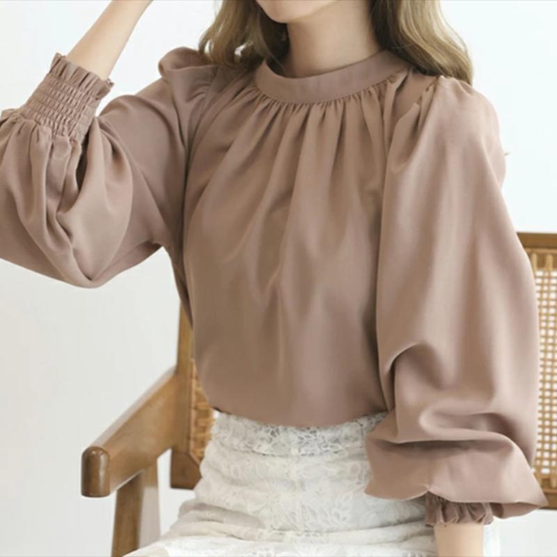 Spring New Vintage Loose Puff Sleeve Blouses Women Elegant Fashion Solid Casual Chiffon Shirt Women Simple Slim Pullover Blouse Woman Clothing 26567