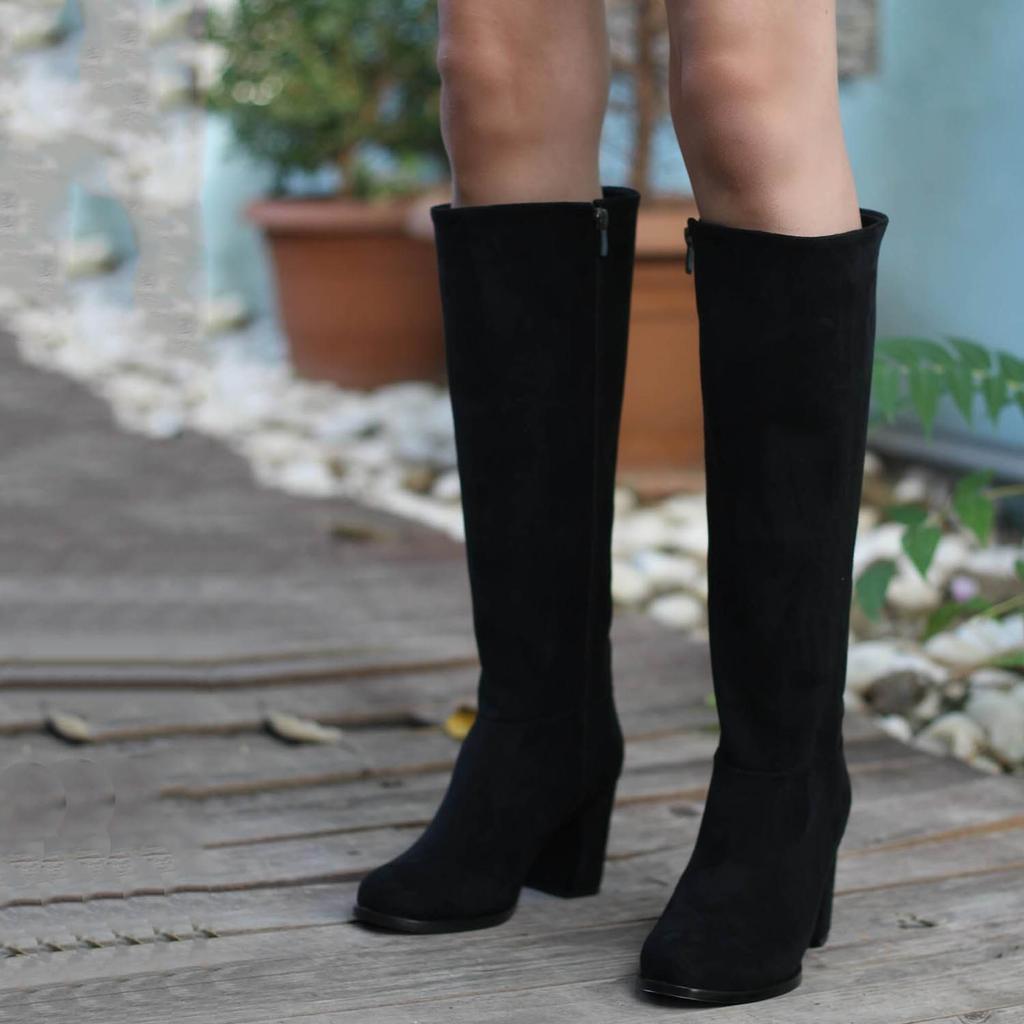 Botas de mujer de tacón grueso de ante negro con punta redonda - Barkab  comprar a buen precio — entrega gratuita, reseñas reales con fotos — Joom