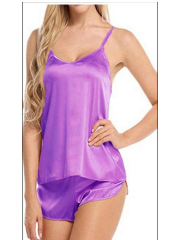 Sexy Satin Women's V-Neck Lace Pajama Set: Sleeveless Camisole & Shorts for Home Wear