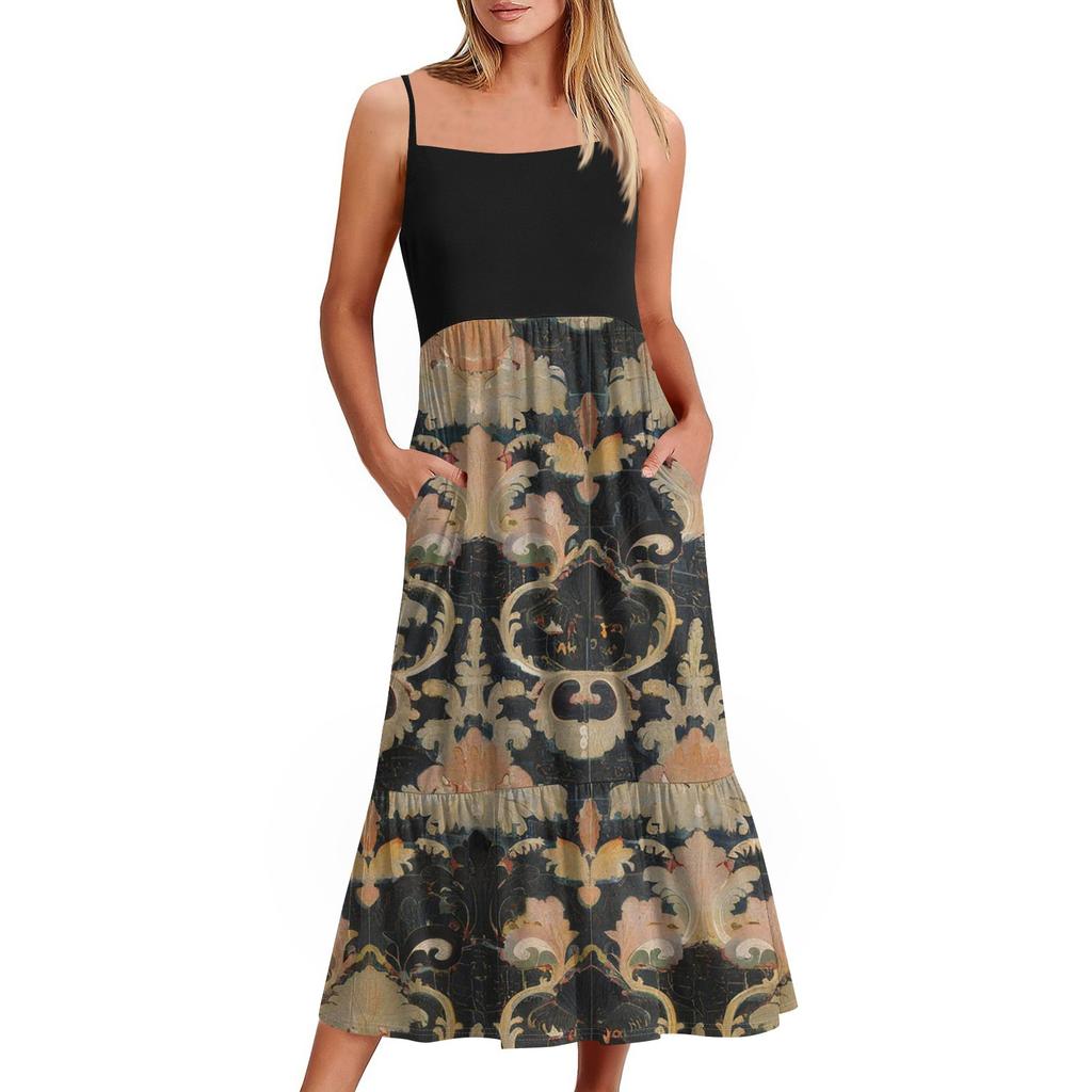 Women's Long Beach Casual Elegant Spaghetti Strap Maxi Dress Floral Low-key Flowing Bohemian Dress