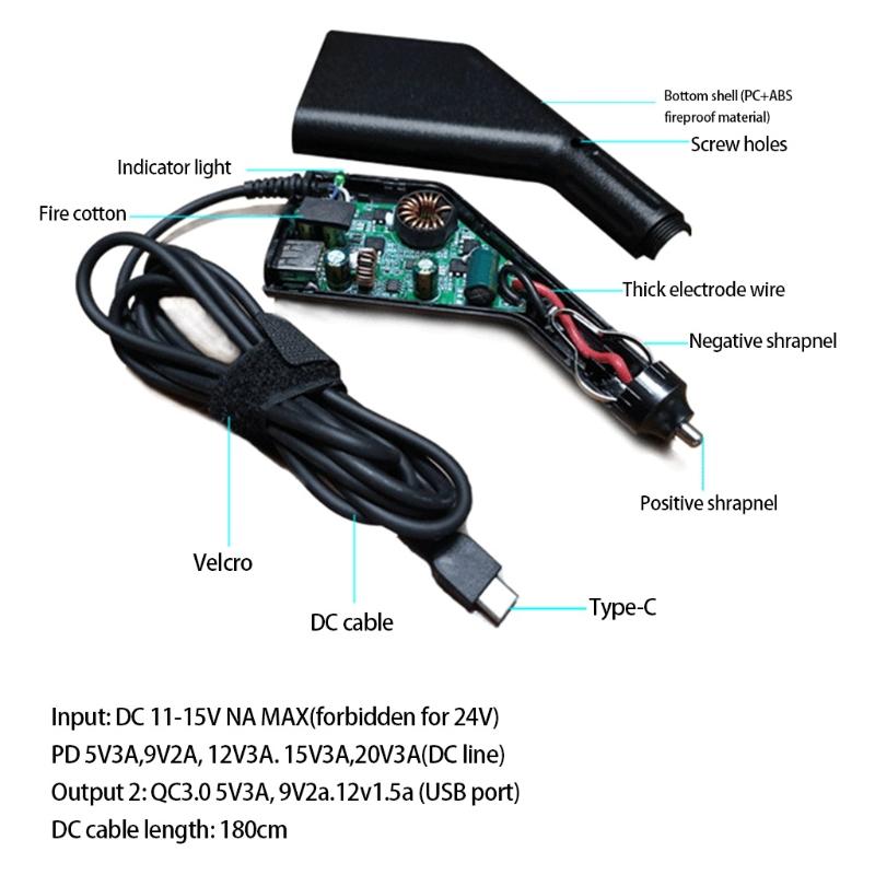 65W Fast Charging Wire for Laptop CellphoneCar Interior Type-C USB Power Adapter Laptop Fast Charging Cord