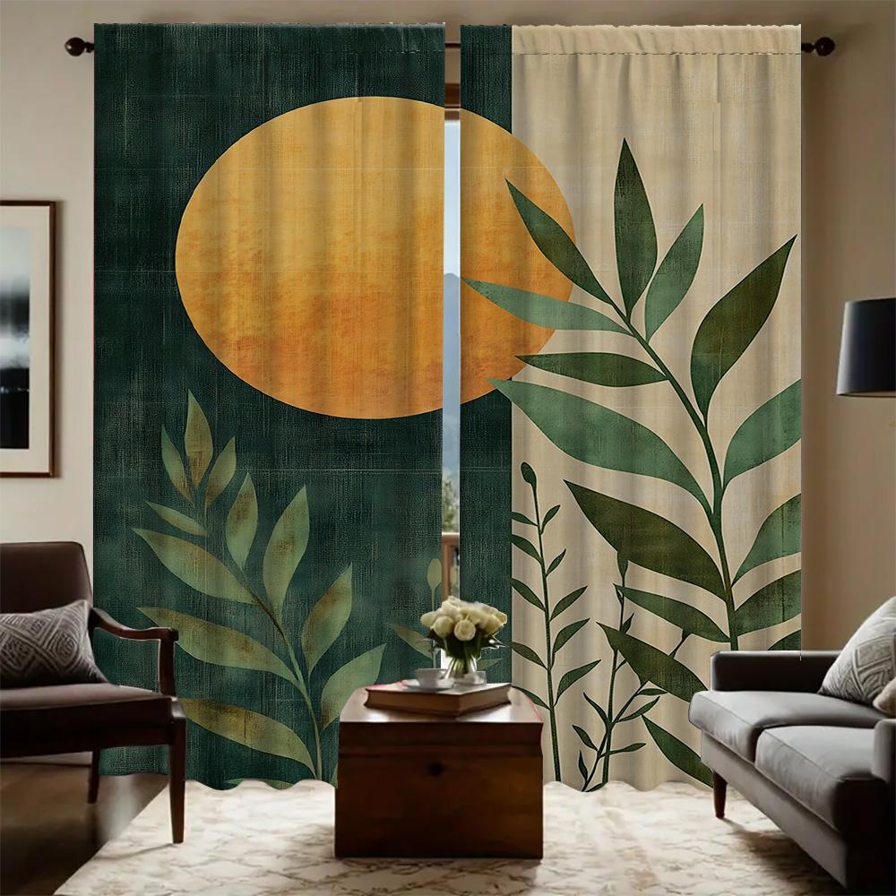 2PC Home Nostalgic geometric leaves Curtains With Landscape Background And Pole Pocket Curtains, Kitchen, Coffee Shop