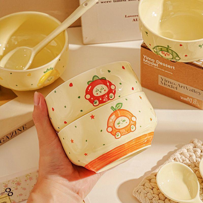 4 Set Funny Fruit Emojis Ceramic Tableware Cute Household Rice Bowl with Spoon Eating Dishes Soup Yogurt Dessert Bowls