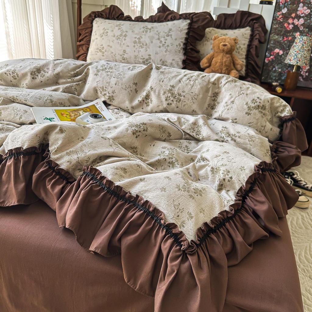 French Retro Lace Linen Bedding Set: Skin-Friendly Duvet Cover & Fitted Sheet