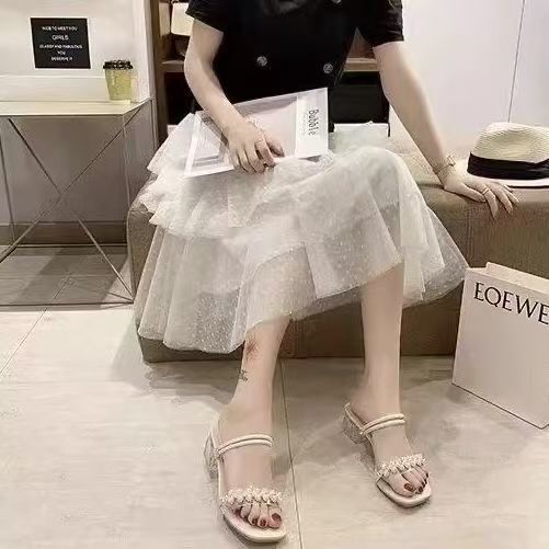 French beauty with skirt two wear slippers 2025 summer new wear fashion fairy temperament high heel sandals woman