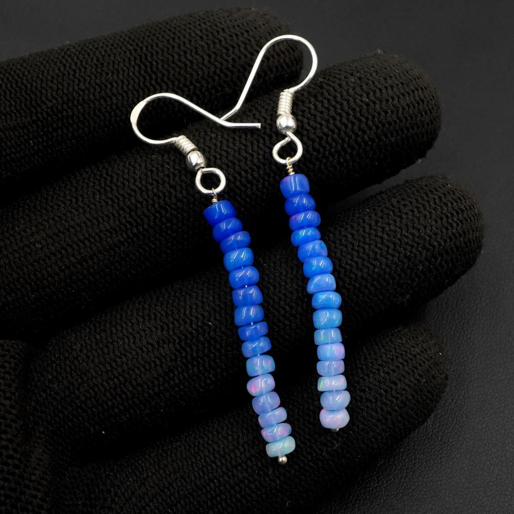 Natural Blue Multi Fire Ethiopian Opal Cabochon Beaded Earrings, 925 Silver , Rainbow Gemstone