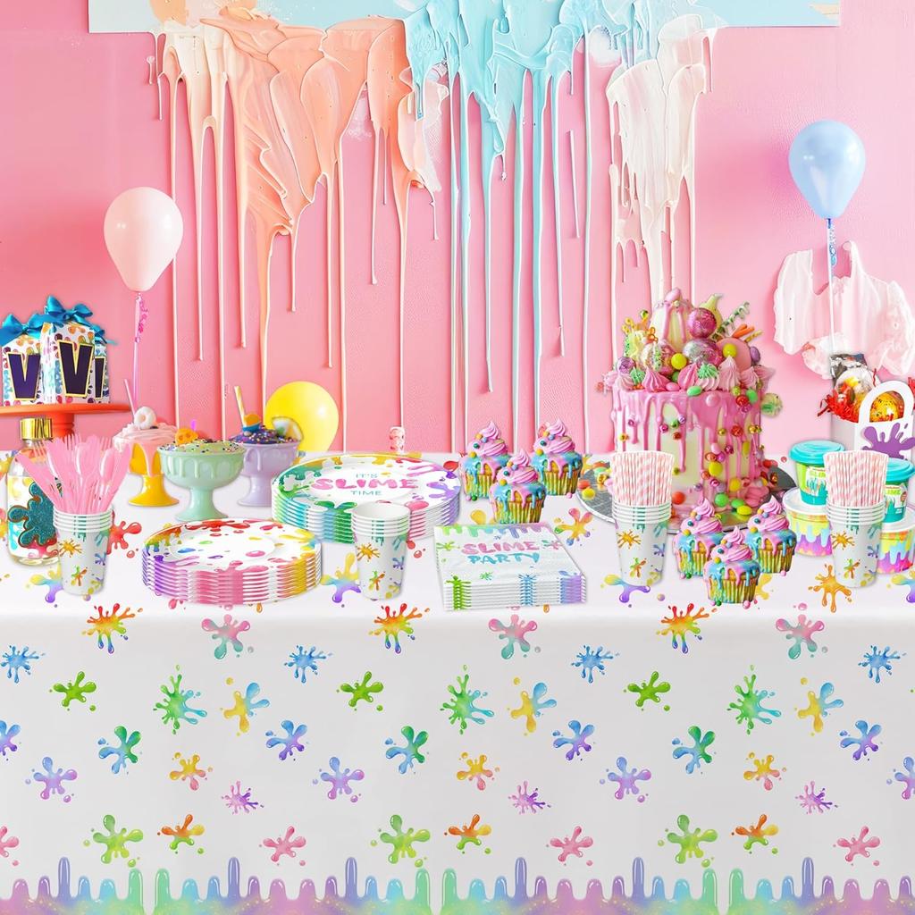 Xigejob Slime Birthday Party Tablecloth Decorations for Kids, Disposable Colorful Splatter Splash Theme Pink Slime Party Supplies Tablecover, 3 Pack,