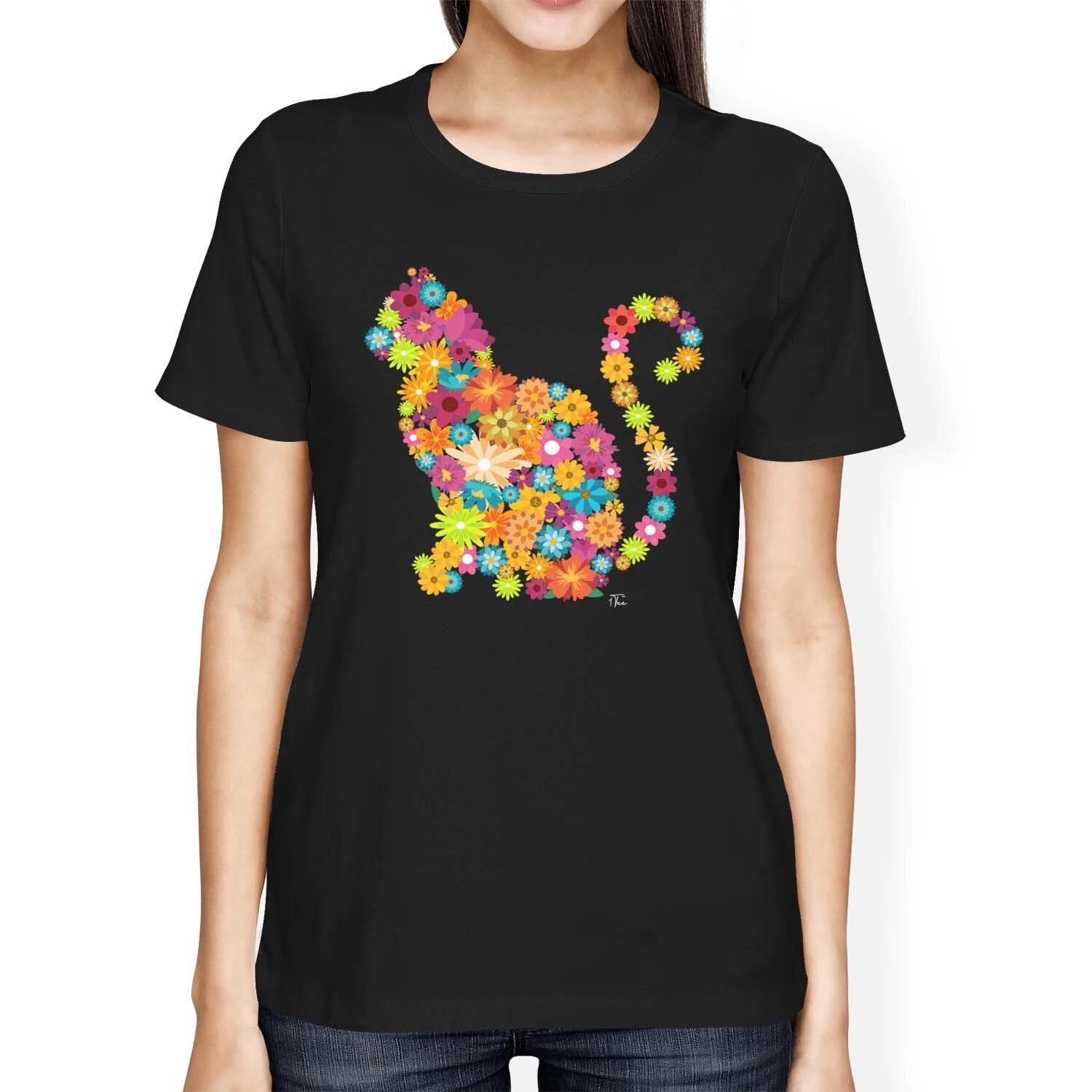 1Tee Womens Loose Fit Cat Silhouette Floral T-Shirt S