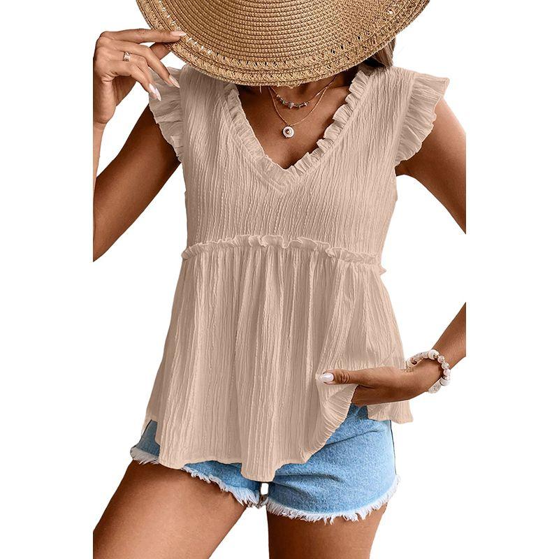 

American Shiying Thin Pure Color Textured Chiffon Shirt for Women 2025 Summer New Arrival Ruffled Short Sleeves Tops Women Apricot P1015 S code fits (45.00 kg-55.00 kg