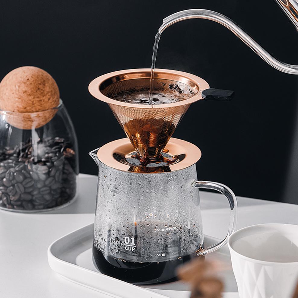 304 Stainless Steel coffee filter, 600 mesh double-Layer, Honeycomb filter bowl with base, Filter-free paper coffee strainer