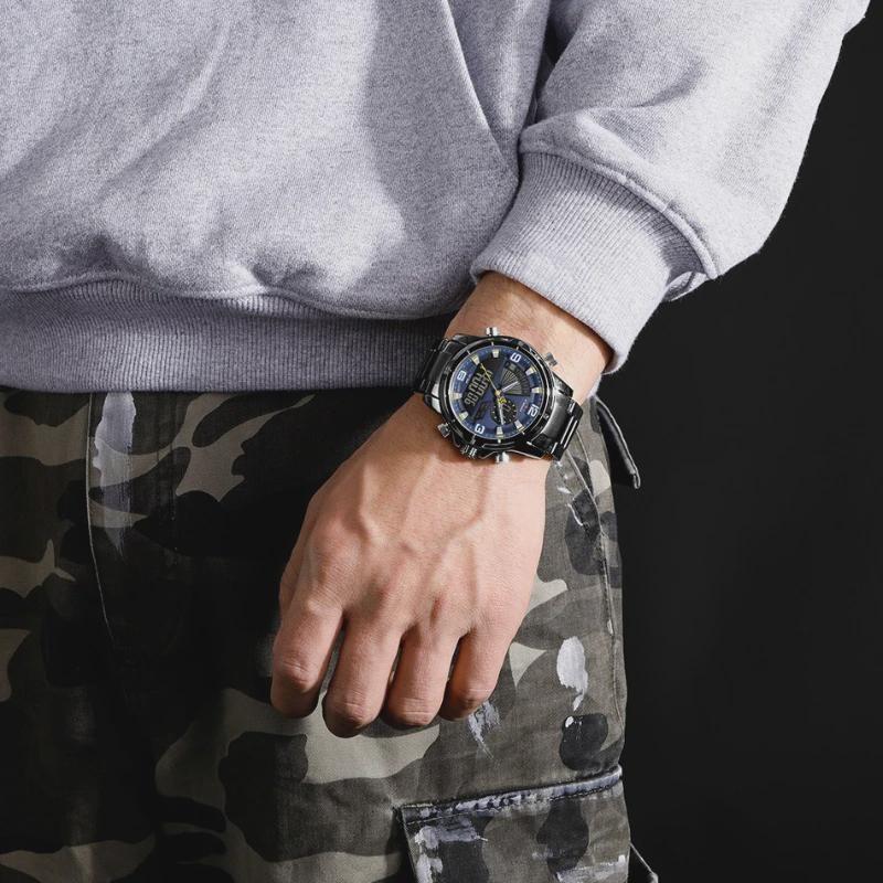 Mens Multifunctional Double-Display Watches Date Stainless Steel Watchband LED Luminous Mode Waterproof Wrist Watch