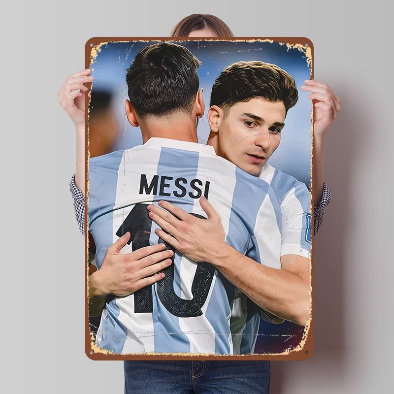 

Messi and Alvarez Hugging Celebration Tinplate Poster Customized Wall Art Vintage Metal Signs Retro Tin Plaque for Office Decor 7.9x11.8In(20x30cm)
