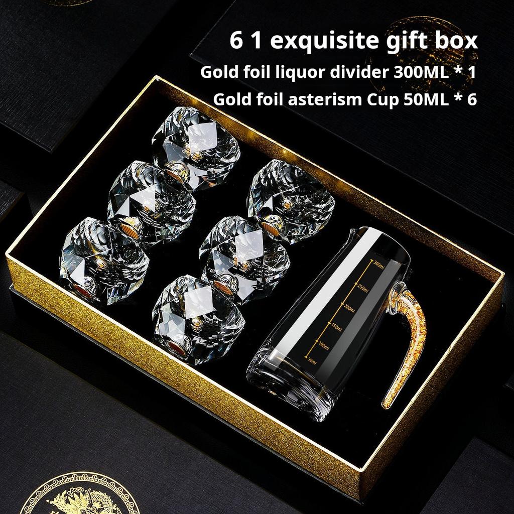 Light luxury turquoise wine cup Diamond cut crystal wine set Gold foil Star Cup Creative teacup Heat resistant birthday gift box