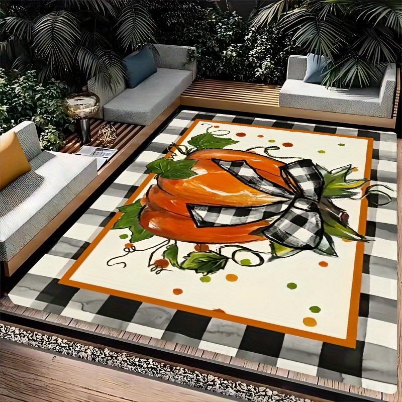 

Orange Pumpkin With Plaid Bow Flannel Rug Printed Pattern Fall Season Decor Soft Anti Slip Carpet For Outdoor Living Space And 60x90cm