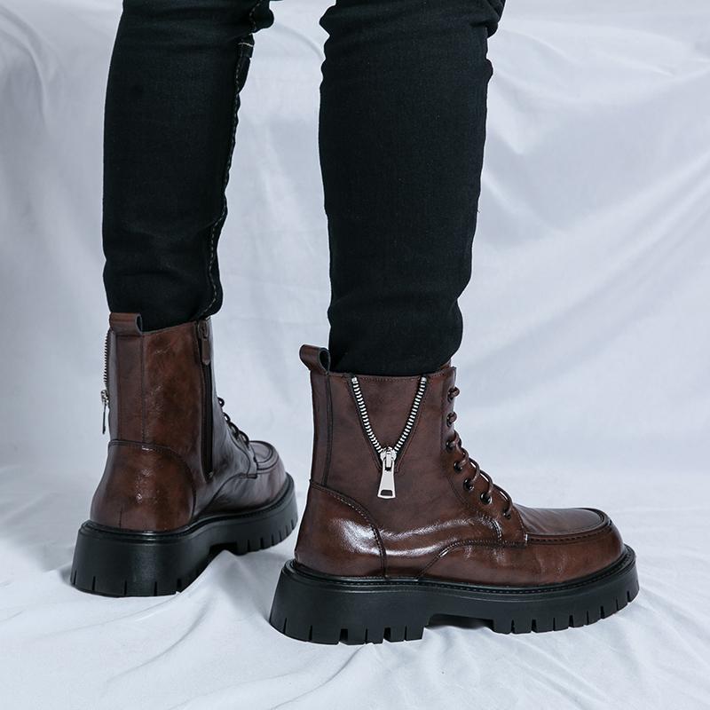 High Top Men Boots PU Solid Color Thick Sole Round Toe Lace Up Motorcycle Cowboy Boots Fashionable and Comfortable Men Boots
