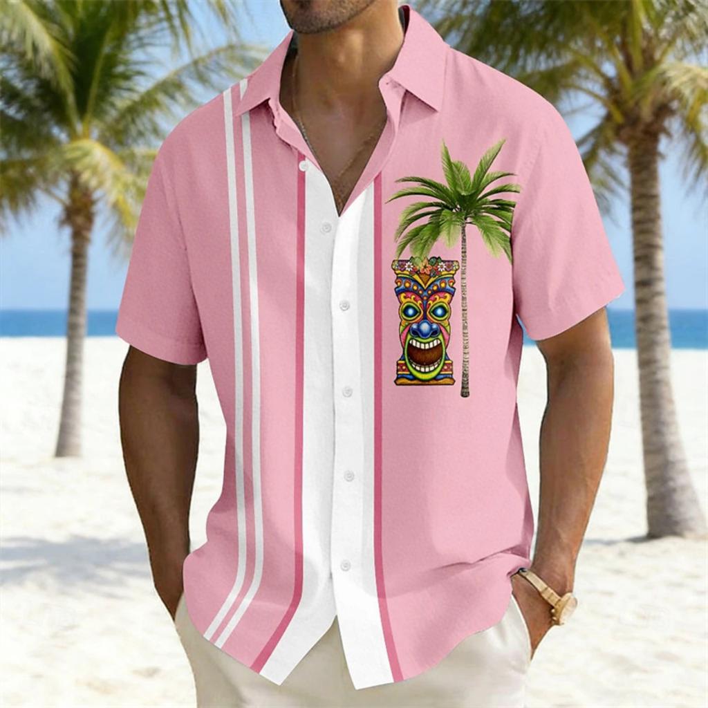 Men's color-blocked striped short-sleeved shirt, Hawaiian-style totem coconut tree print casual vacation top, Hawaiian shirt
